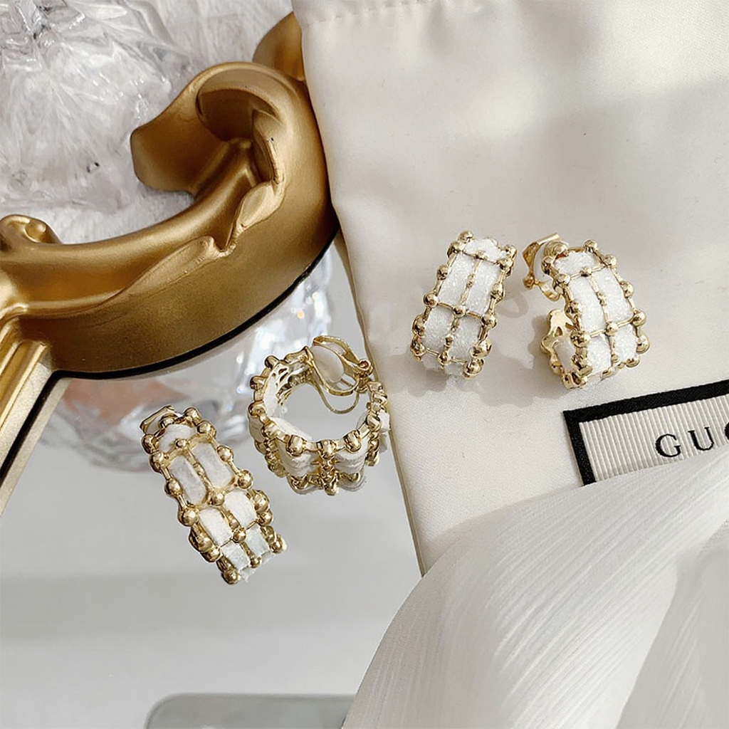 White Woven Gold Hoops