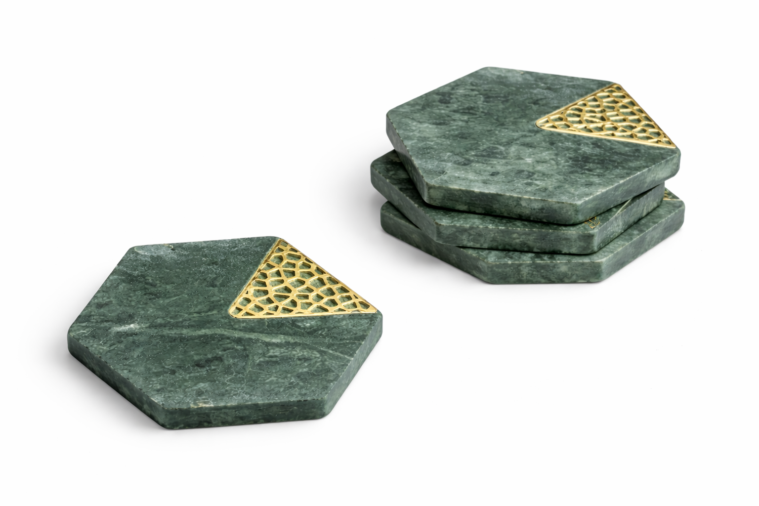 Hexagonal green stone coasters with gold geometric jaali .