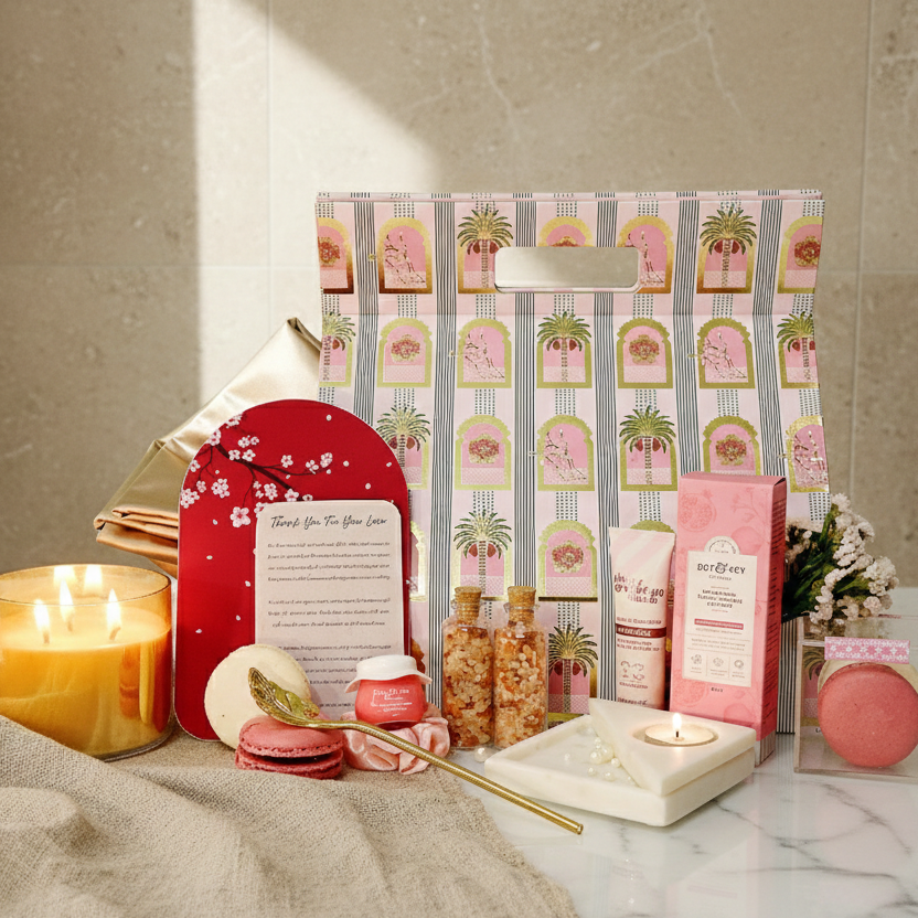 Gifting set with candles, macarons, and decorative items on a marble surface.