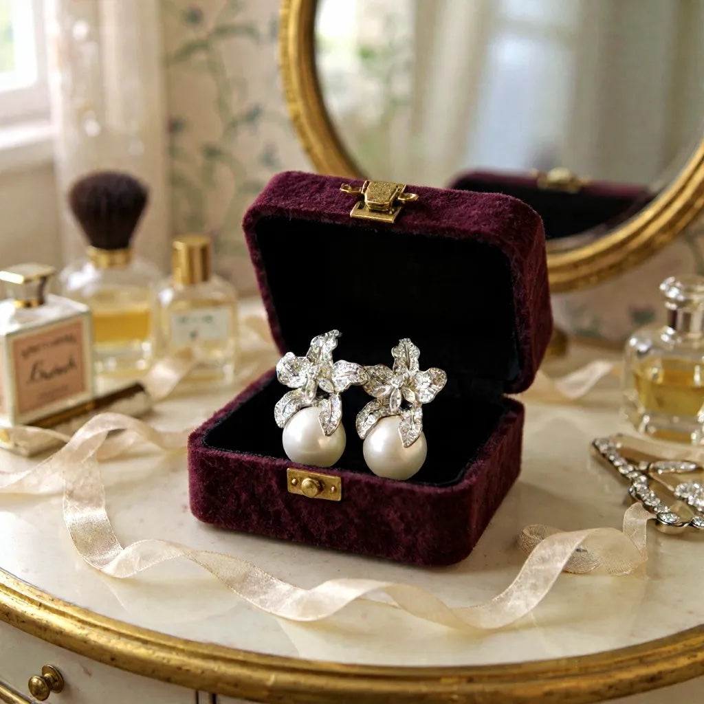 Pearl earrings in a purple jewellery box on a decorative table.