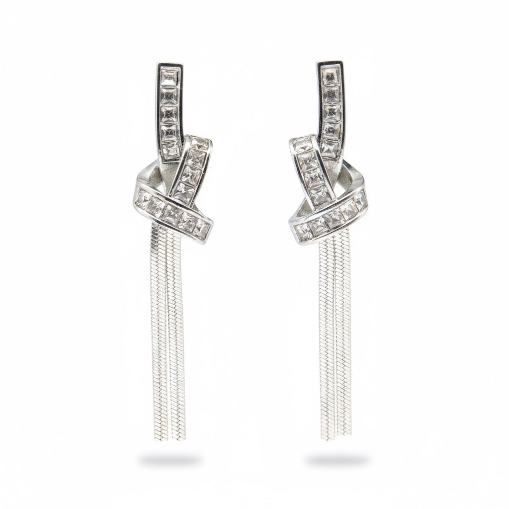 Pair of silver earrings with chain fringes on a white background