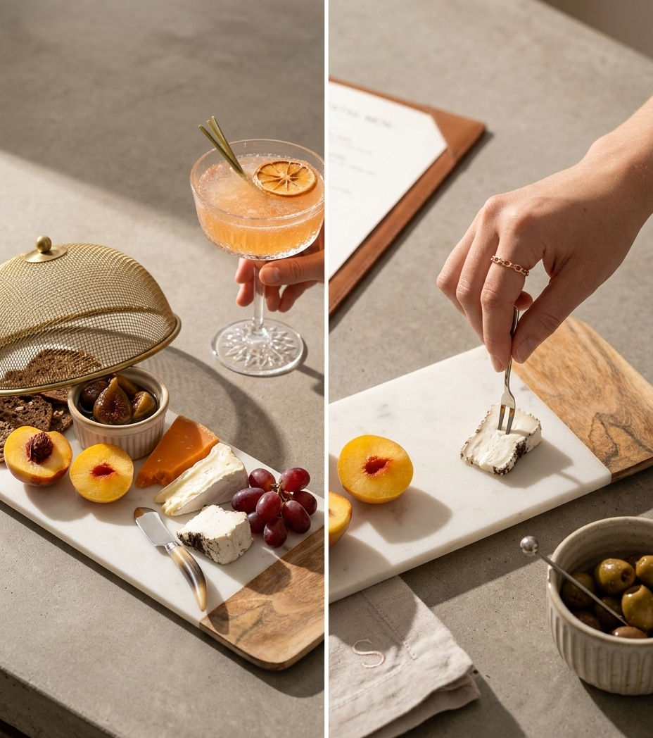 Two scenes of a dining setup with a cocktail, fruits, and cheese on a marble board.