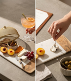 Two scenes of a dining setup with a cocktail, fruits, and cheese on a marble board.