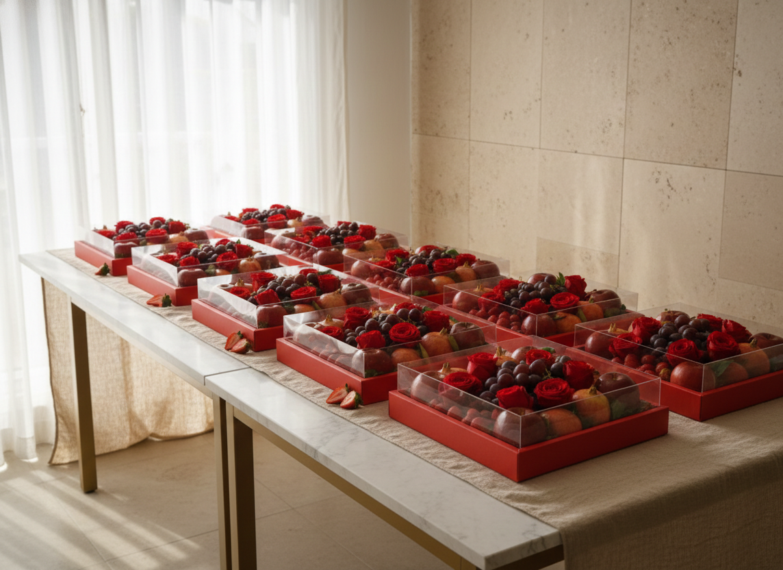 Table with multiple trays of assorted chocolates in a room with light-colored walls.