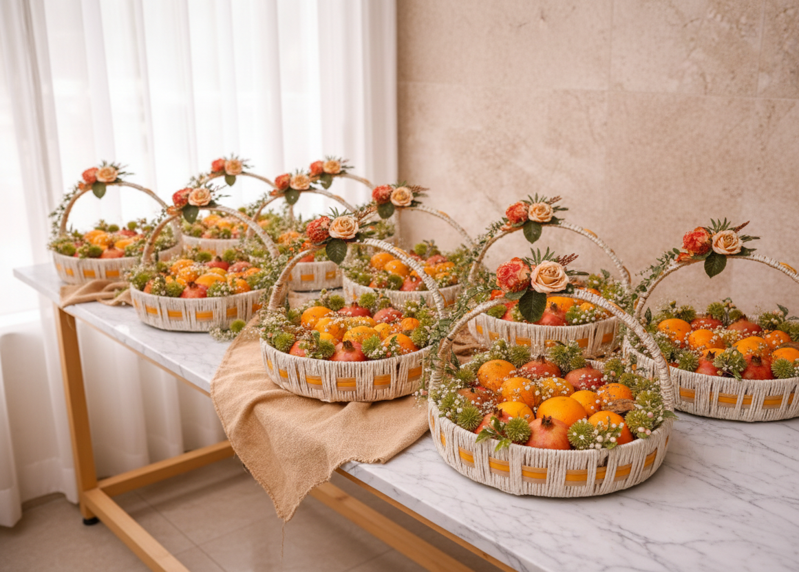 Decorative baskets with fruits and flowers on a table against a neutral wall.