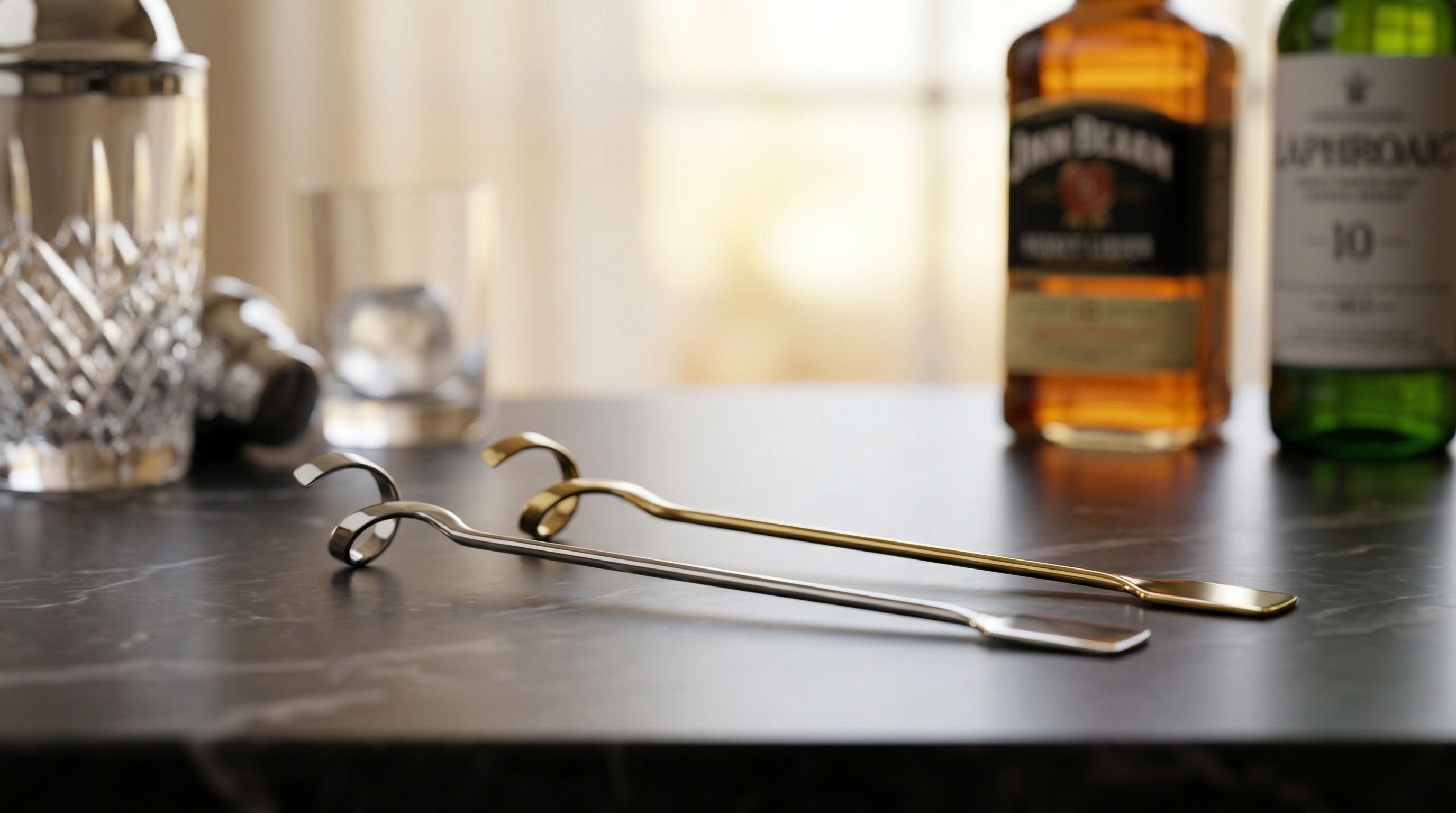 Bar tools and liquor bottles on a bar counter