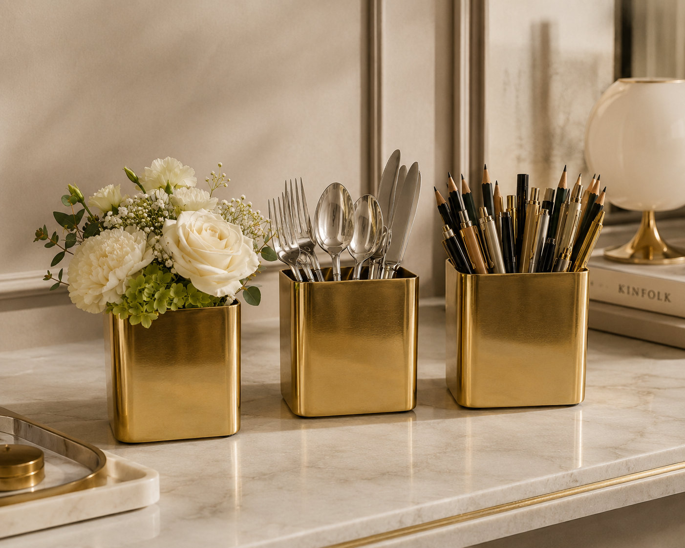 Three gold containers holding flowers, cutlery, and writing utensils on a marble surface.