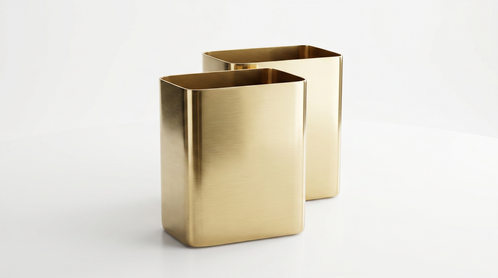 Two gold rectangular vases on a white background