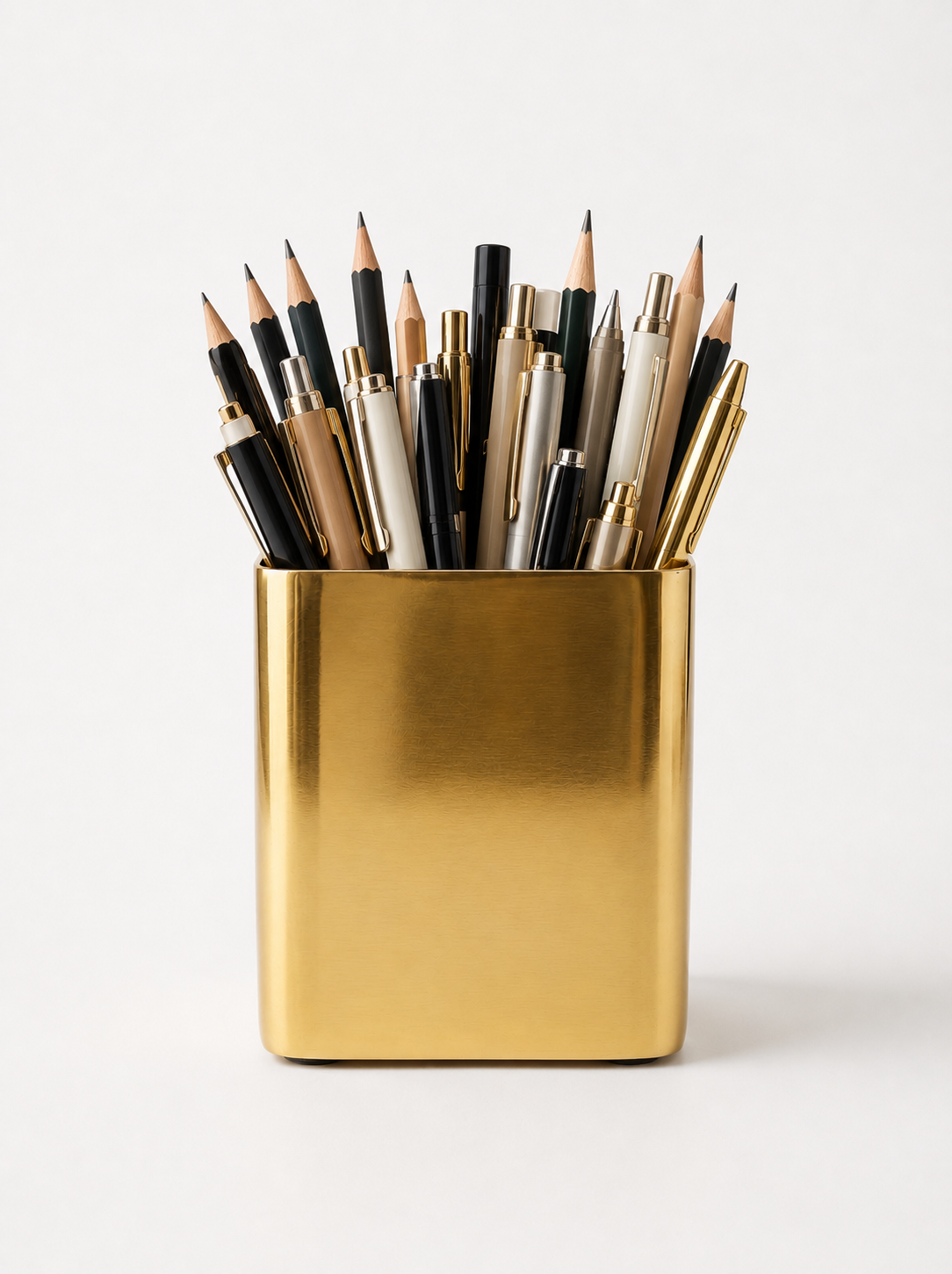 Gold pencil holder with various colored pencils on a white background