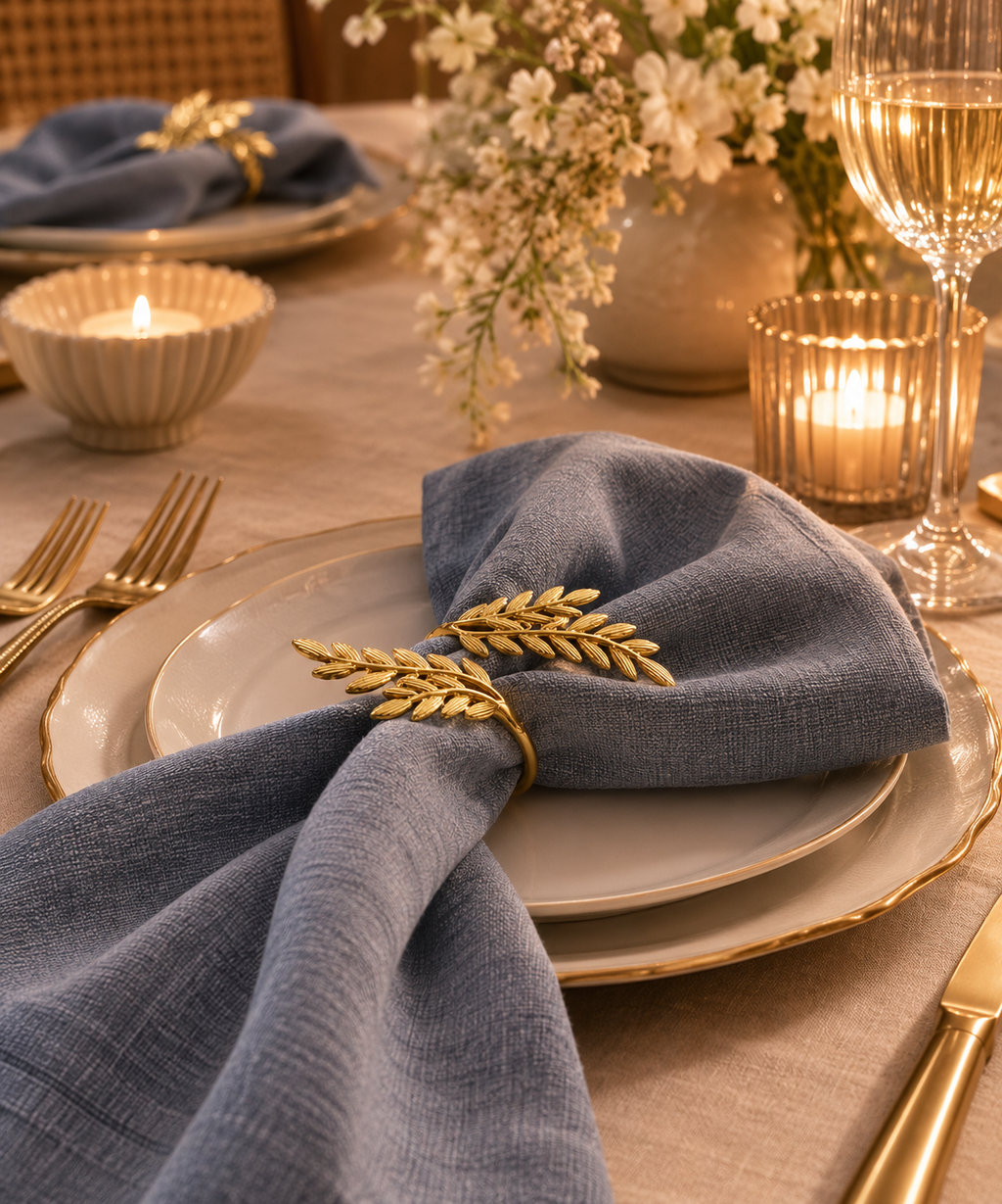 A styled table setting with a folded slate-blue linen napkin held by a gold leaf ring, layered over white plates with gold trim, on a beige tablecloth with candles and flowers in the background.