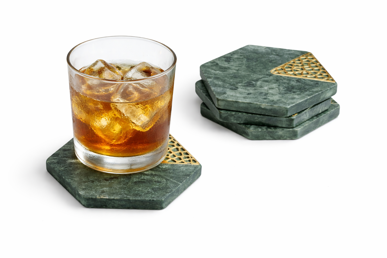 Glass of iced drink on a green coaster with matching coasters in the background