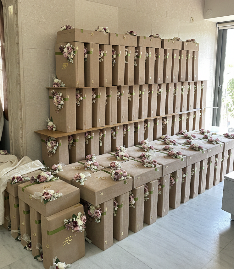 Decorative cardboard boxes with floral arrangements on a wooden pallet against a beige wall.