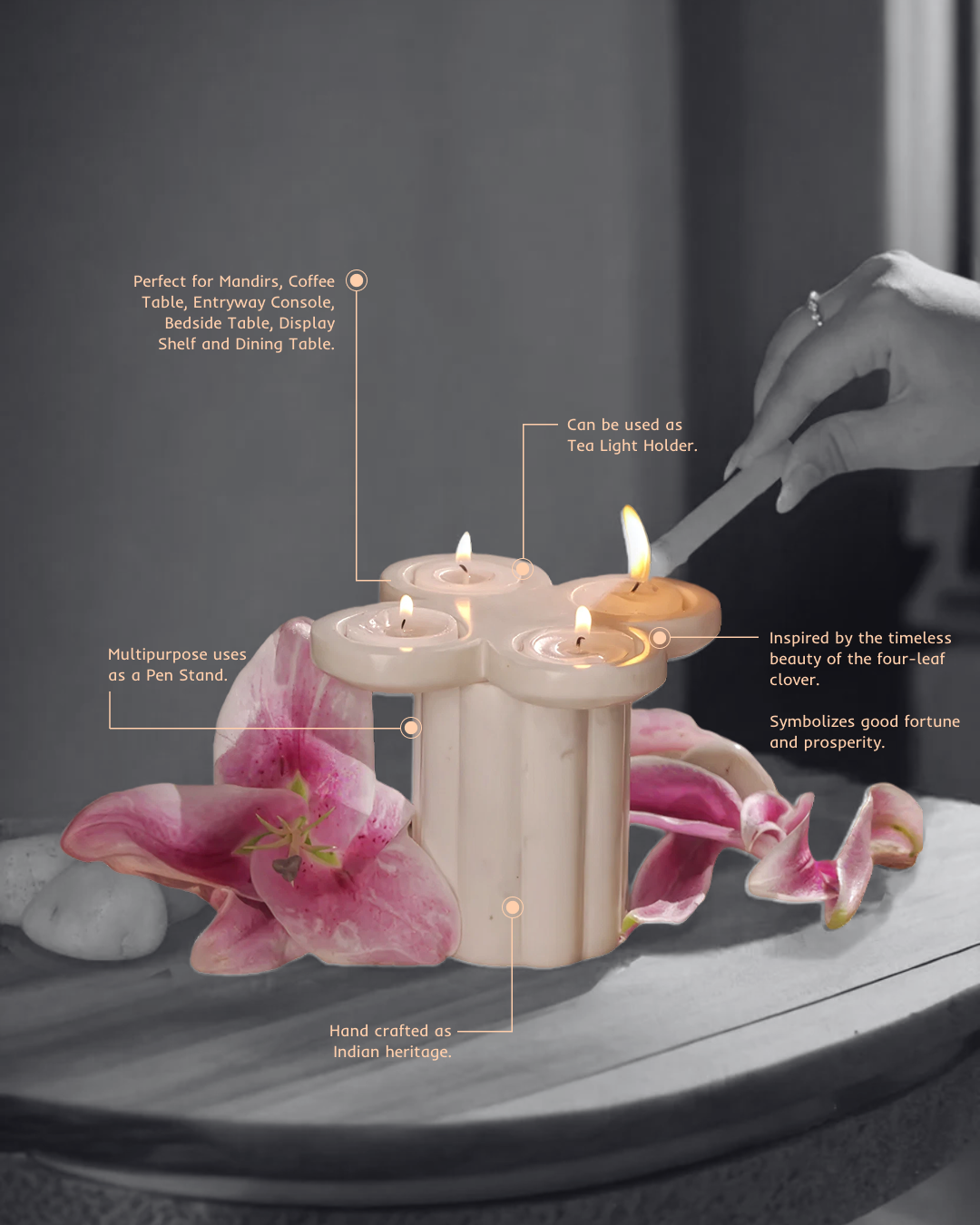 Light of Fortune | Marble Tea Light Holder & Pen Stand