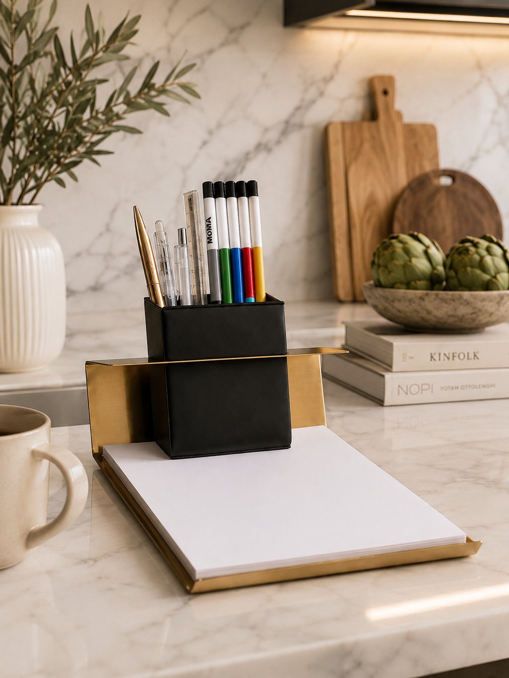 Desk setup with a notebook, pen holder, and coffee mug on a marble surface.