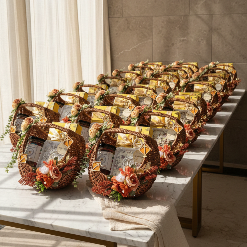 Decorative baskets with floral arrangements on a table in a well-lit room.