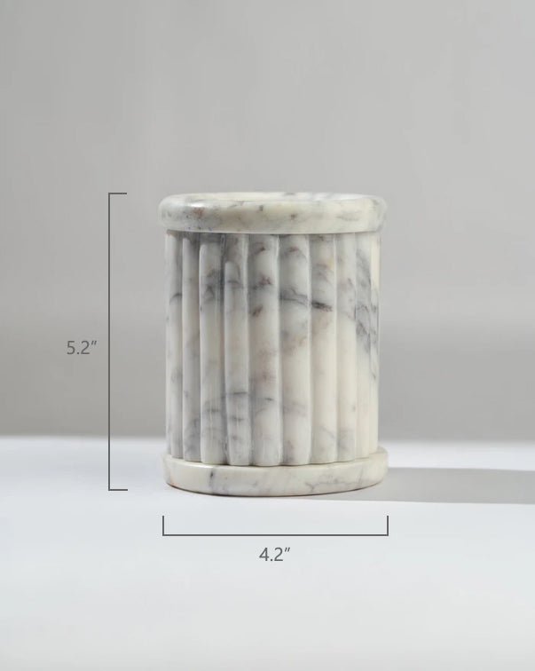 Marble-textured cylindrical container with dimensions on a light gray background