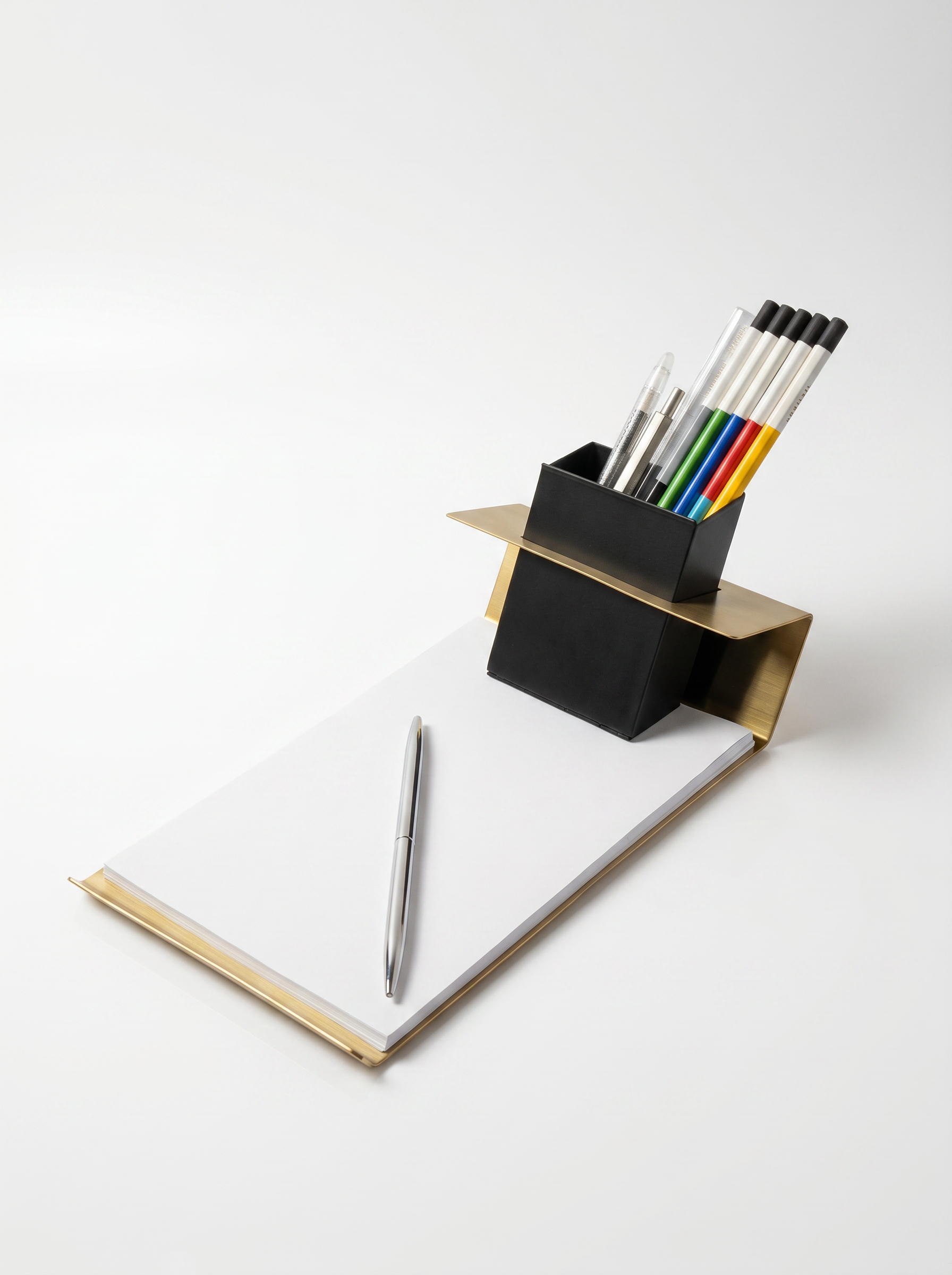 Pencil holder with pens on a white background