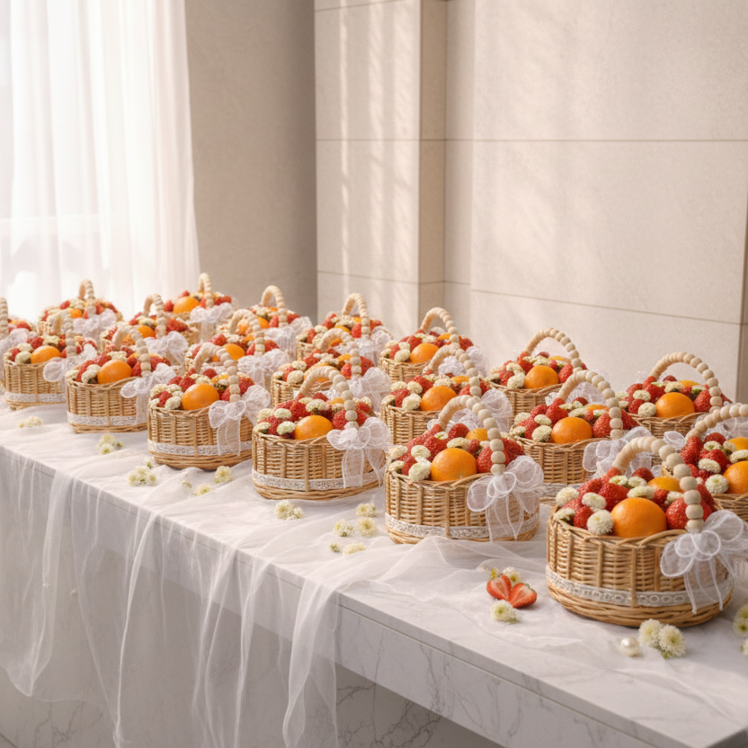 Table with wicker baskets filled with fruits and flowers on a white tablecloth.