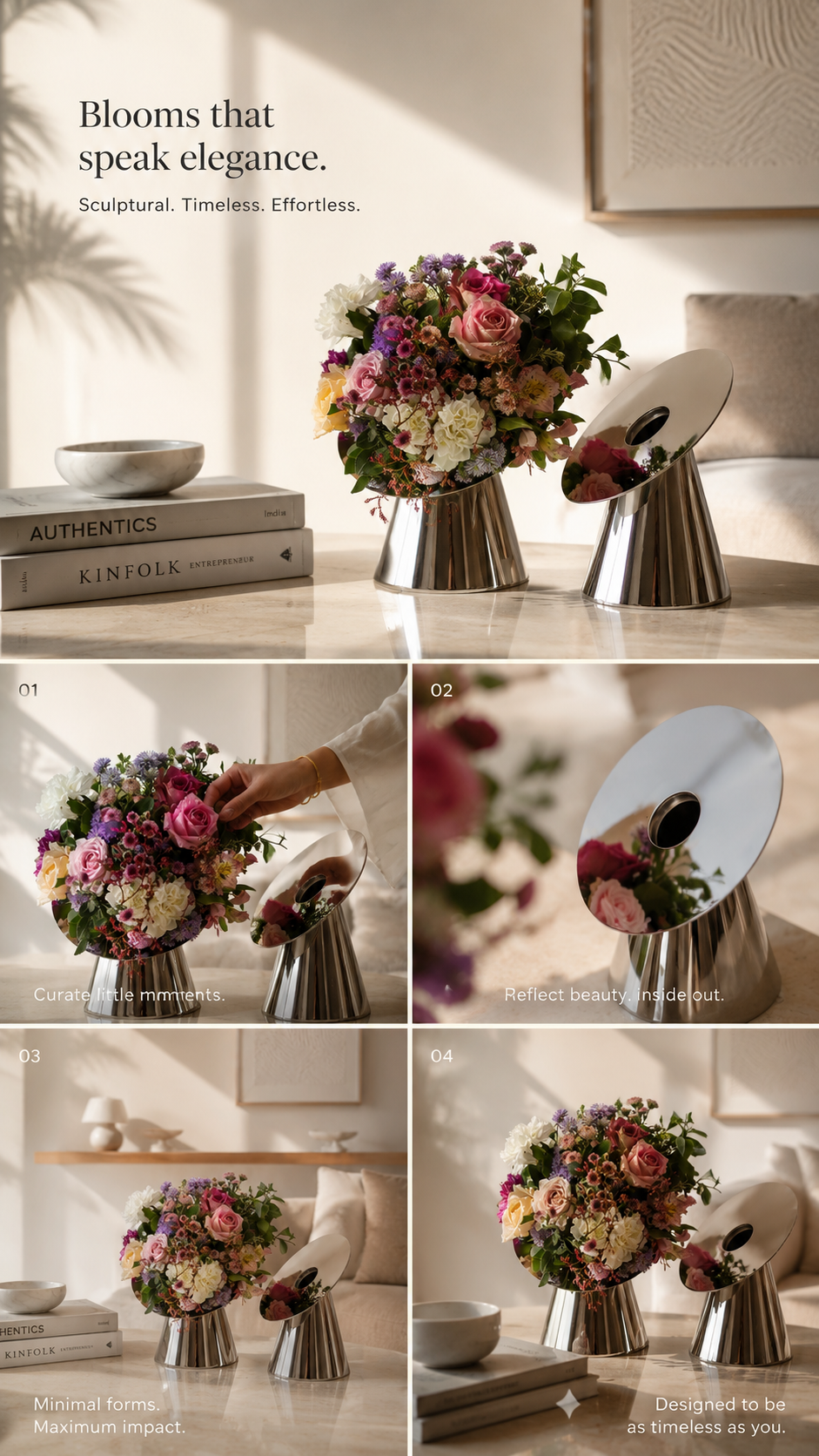 Collage of floral arrangements in silver vases on a table with soft lighting.