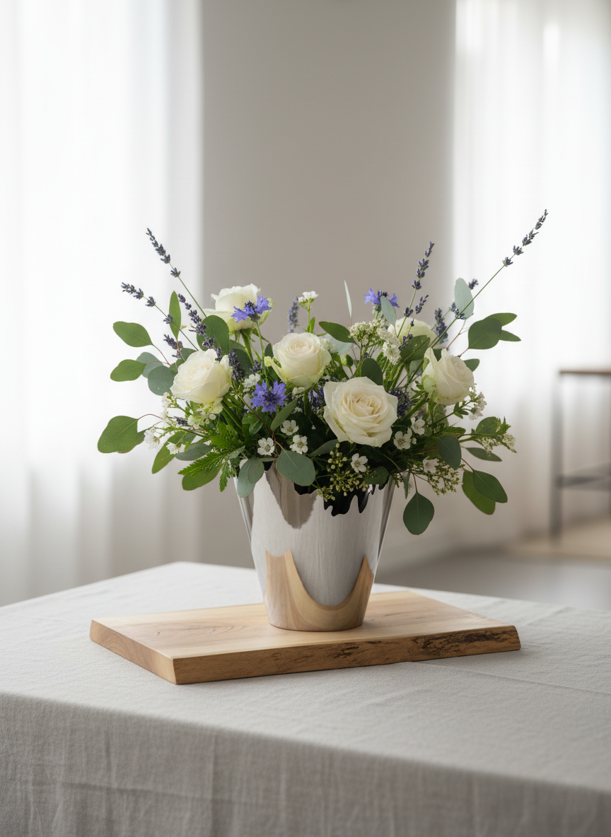 Floral arrangement in a silver vase on a wooden cutting board with a light background