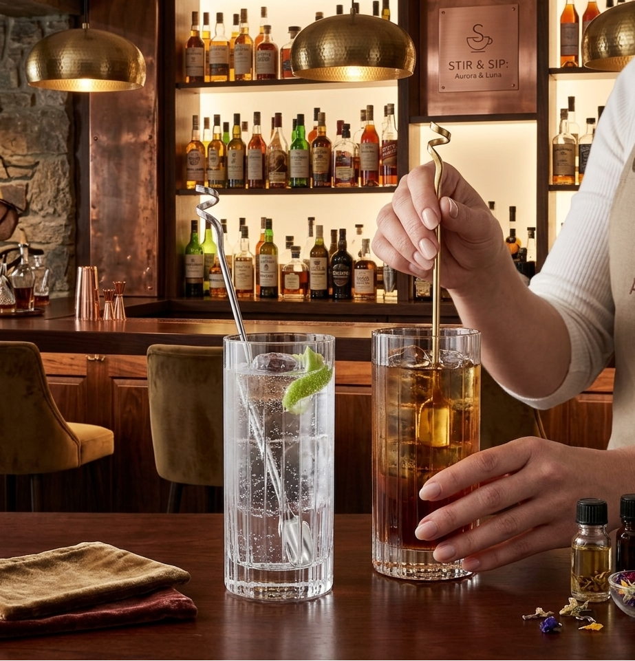 Person preparing cocktails in a bar setting with shelves of bottles in the background.
