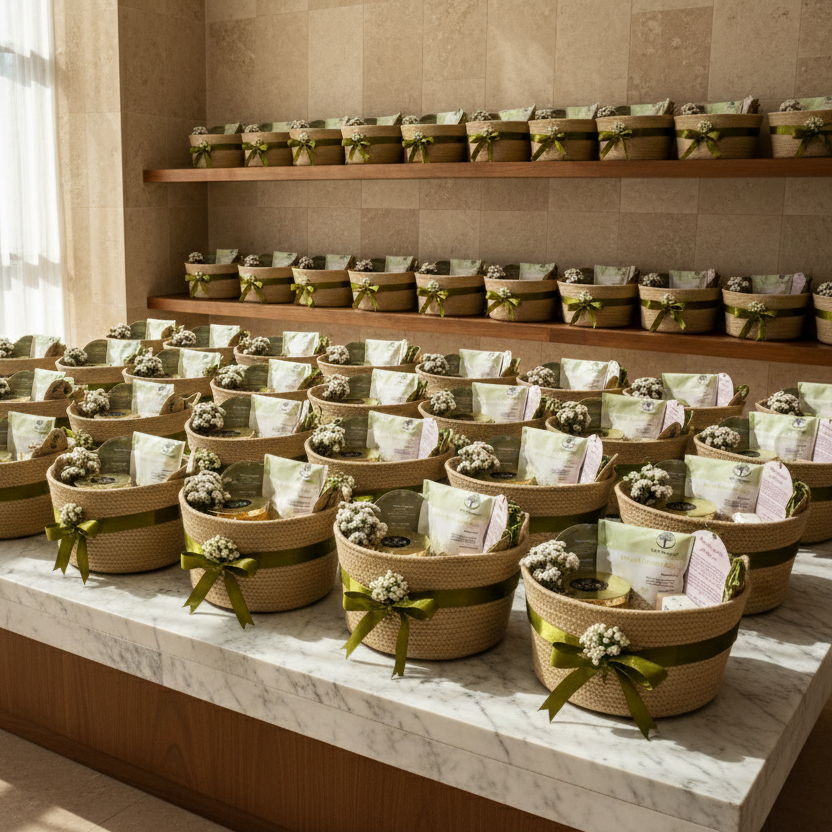 Baskets with green ribbons arranged on a table in a well-lit room.