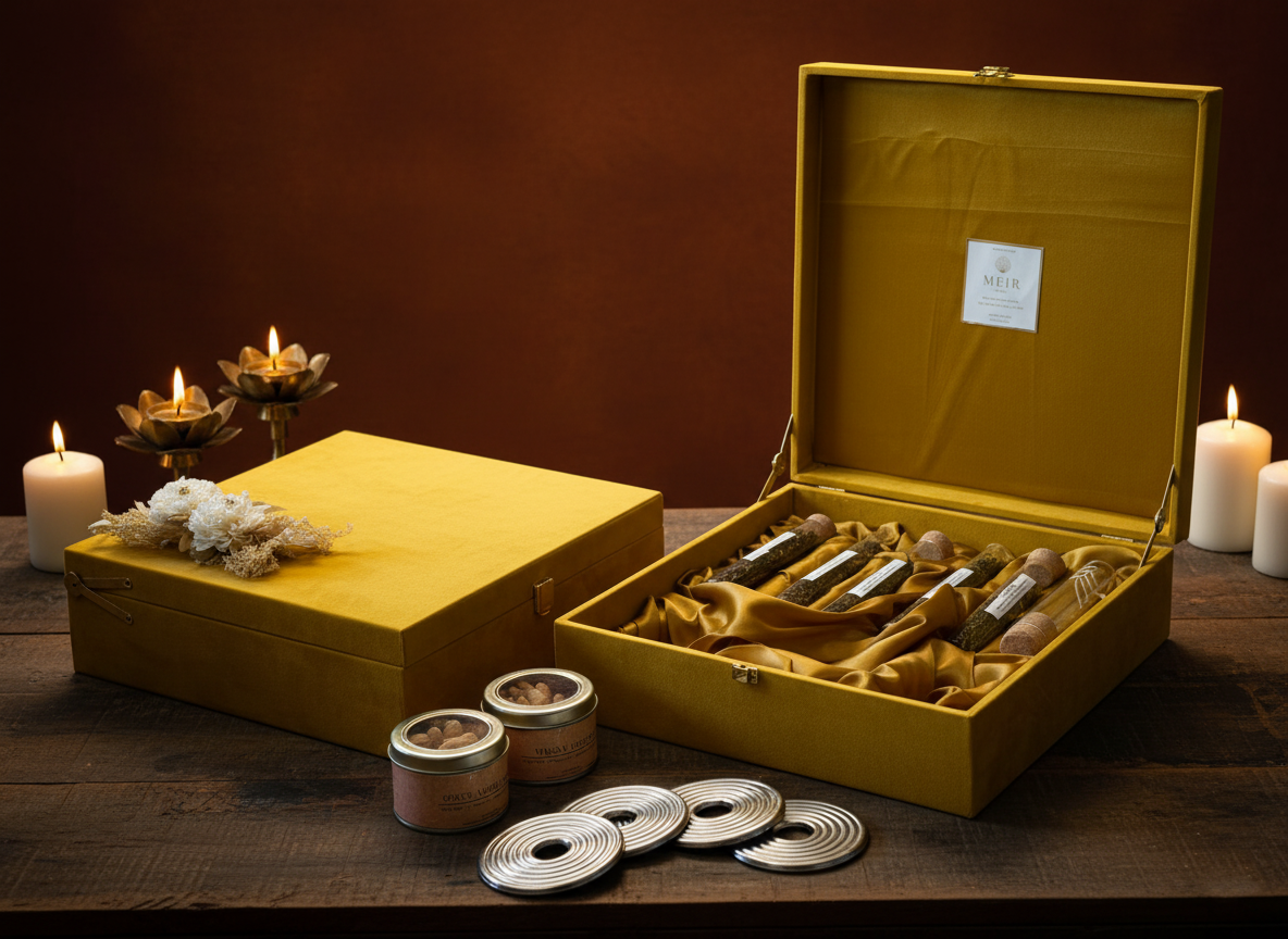 Yellow jewelry box with jewelry items on a wooden surface with candles and flowers.