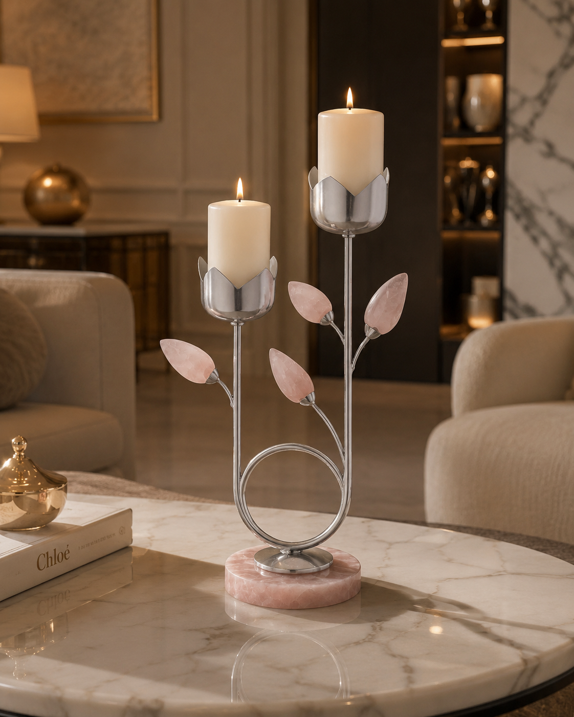 A decorative metal candle holder with leaf-shaped pink stone accents and a round pink marble base, shown on a marble table in a softly lit living room. Two white taper candles are lit in the holder.