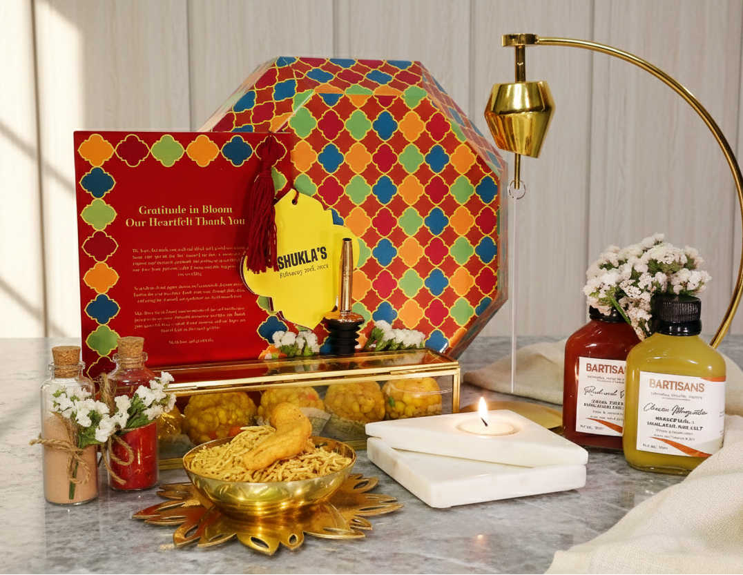 Gifting setup with a colorful box, candles, and decorative items on a table.