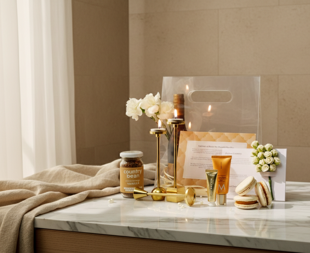 Decorative setting with candles, flowers, and decorative items on a marble surface.