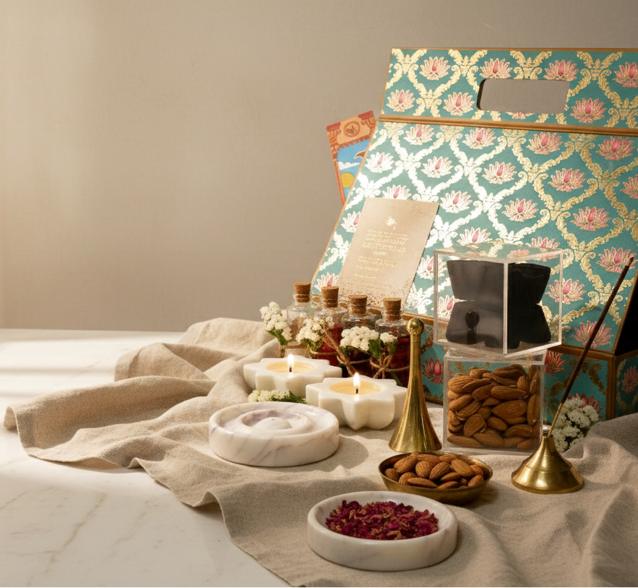 Decorative table setting with candles, snacks, and a decorative box on a light surface.